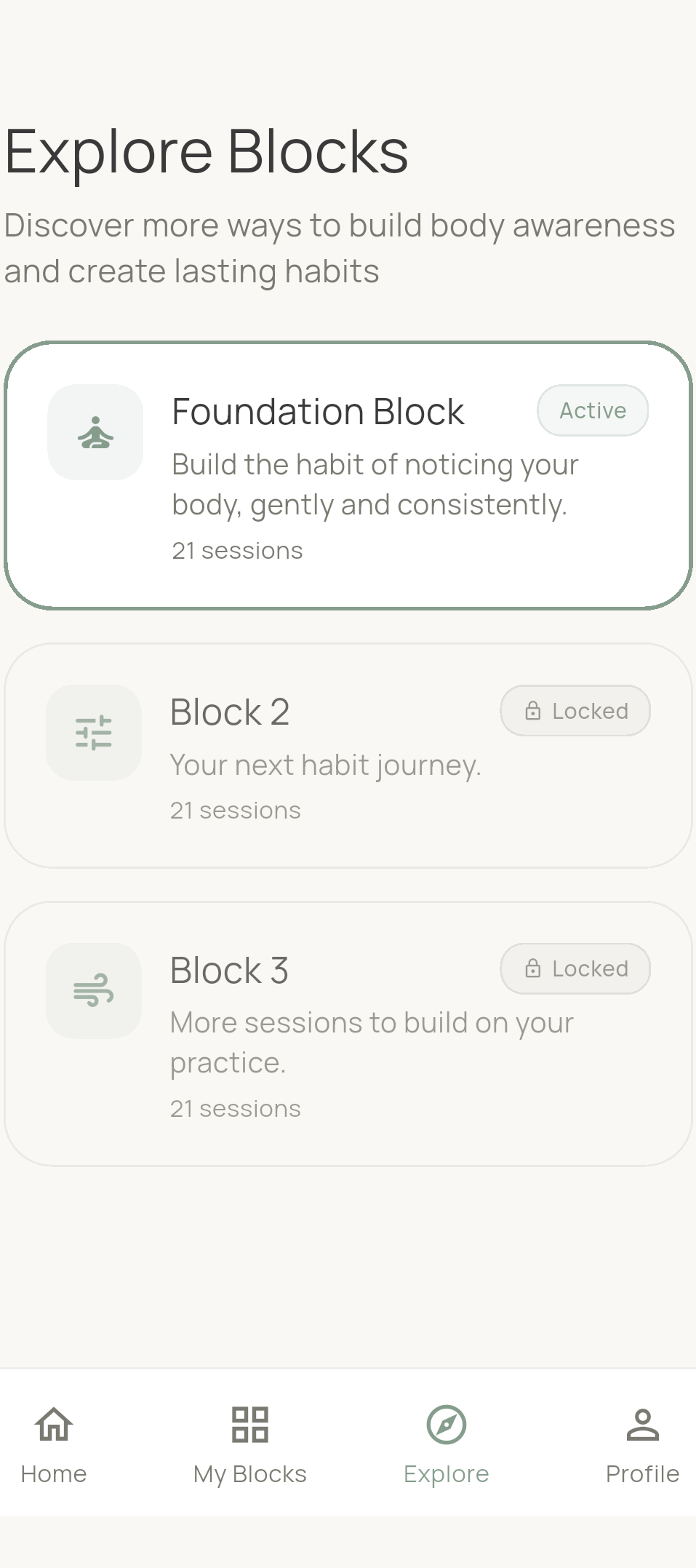 Awarea explore screen showing available blocks